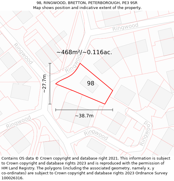 98, RINGWOOD, BRETTON, PETERBOROUGH, PE3 9SR: Plot and title map