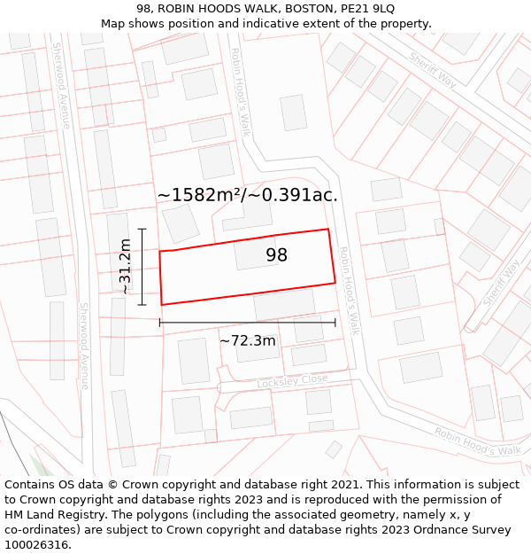 98, ROBIN HOODS WALK, BOSTON, PE21 9LQ: Plot and title map