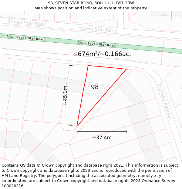 98, SEVEN STAR ROAD, SOLIHULL, B91 2BW: Plot and title map