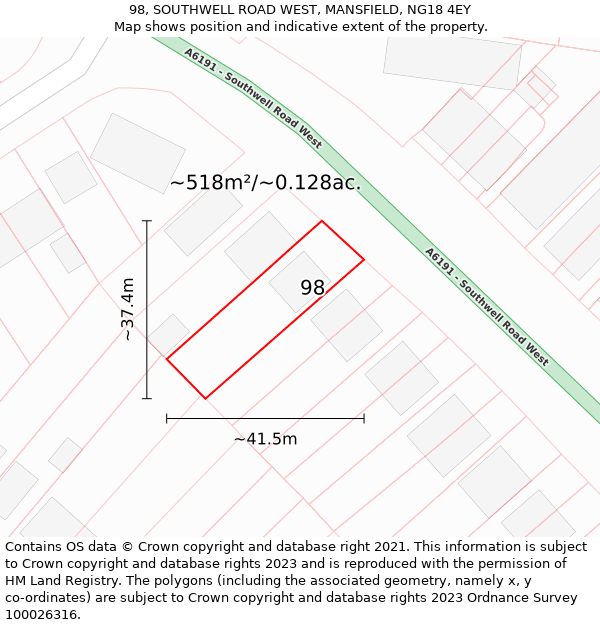 98, SOUTHWELL ROAD WEST, MANSFIELD, NG18 4EY: Plot and title map