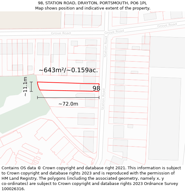 98, STATION ROAD, DRAYTON, PORTSMOUTH, PO6 1PL: Plot and title map