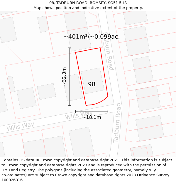 98, TADBURN ROAD, ROMSEY, SO51 5HS: Plot and title map