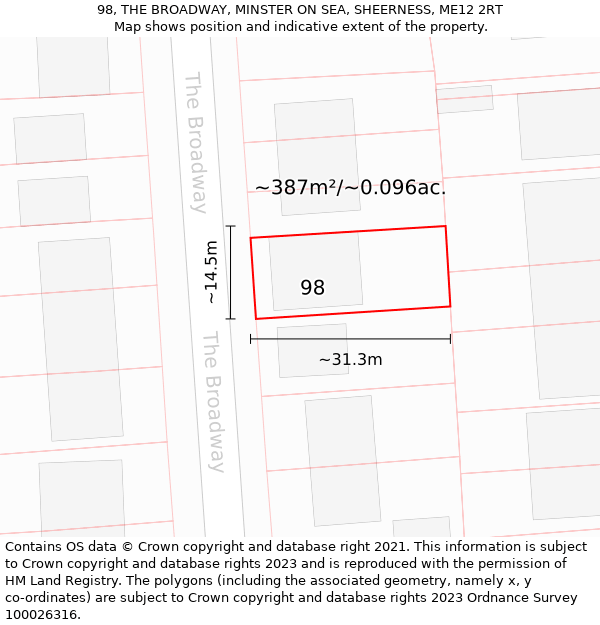98, THE BROADWAY, MINSTER ON SEA, SHEERNESS, ME12 2RT: Plot and title map