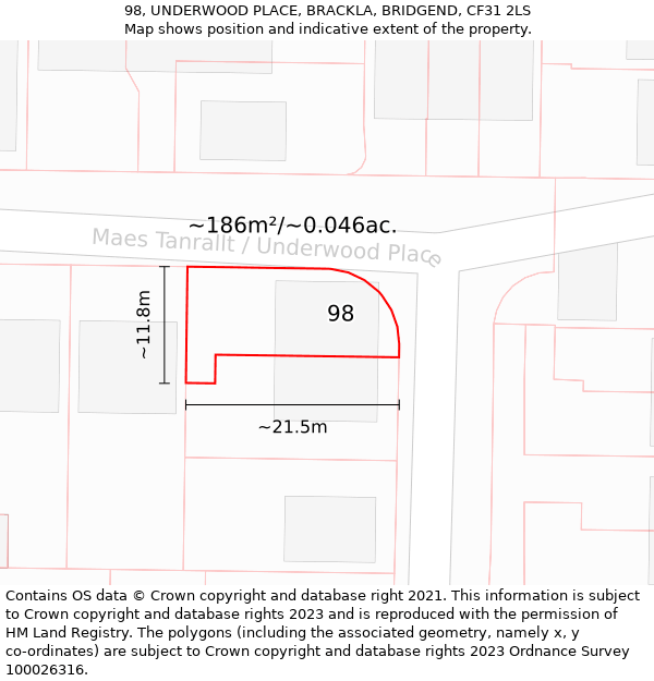 98, UNDERWOOD PLACE, BRACKLA, BRIDGEND, CF31 2LS: Plot and title map