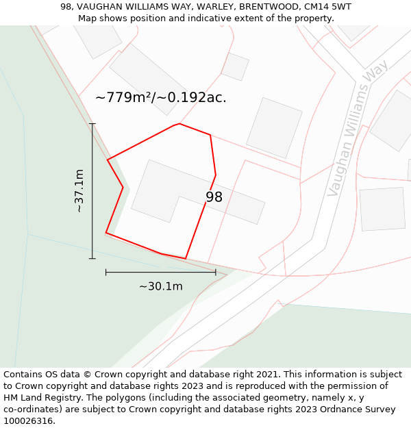 98, VAUGHAN WILLIAMS WAY, WARLEY, BRENTWOOD, CM14 5WT: Plot and title map
