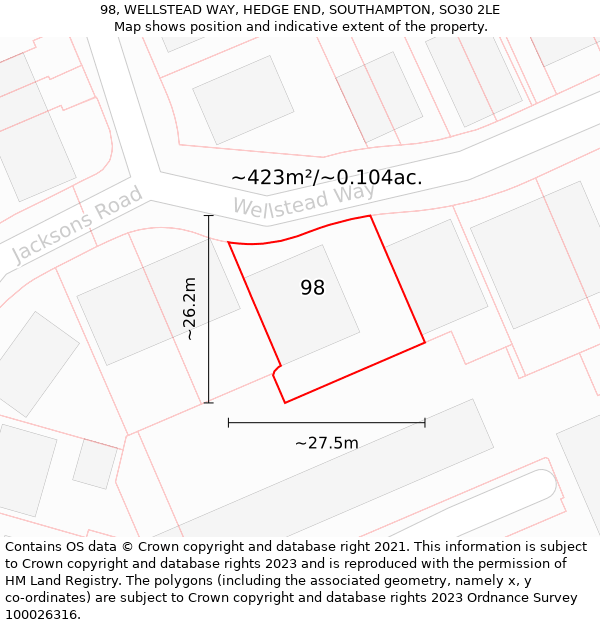 98, WELLSTEAD WAY, HEDGE END, SOUTHAMPTON, SO30 2LE: Plot and title map