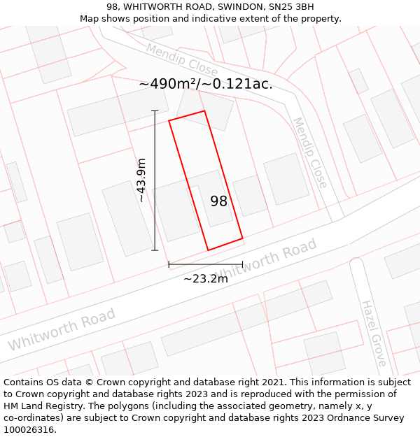 98, WHITWORTH ROAD, SWINDON, SN25 3BH: Plot and title map