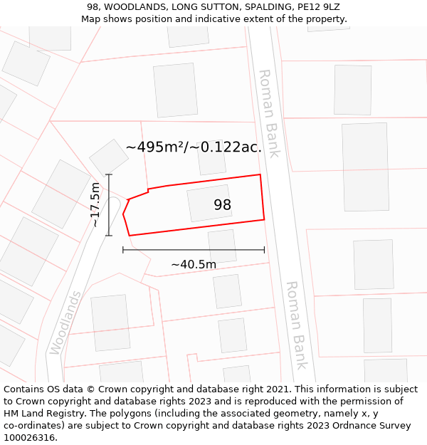 98, WOODLANDS, LONG SUTTON, SPALDING, PE12 9LZ: Plot and title map