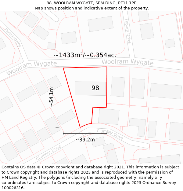 98, WOOLRAM WYGATE, SPALDING, PE11 1PE: Plot and title map