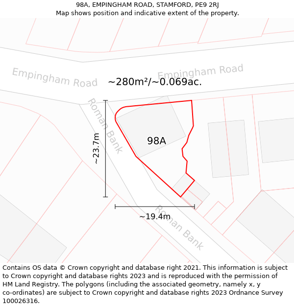 98A, EMPINGHAM ROAD, STAMFORD, PE9 2RJ: Plot and title map