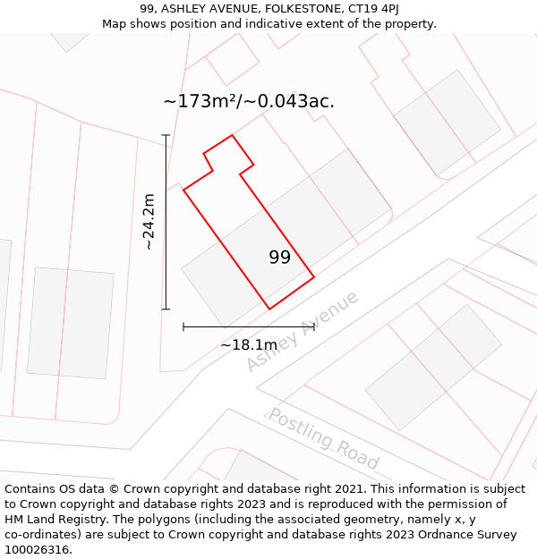 99, ASHLEY AVENUE, FOLKESTONE, CT19 4PJ: Plot and title map