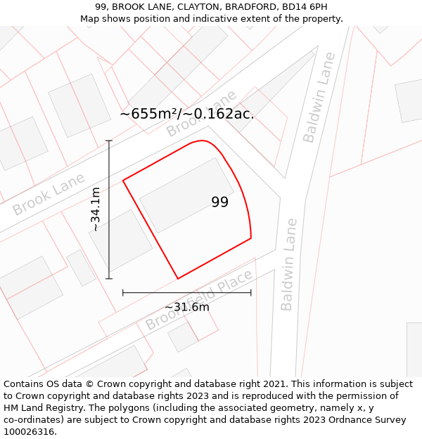 99, BROOK LANE, CLAYTON, BRADFORD, BD14 6PH: Plot and title map