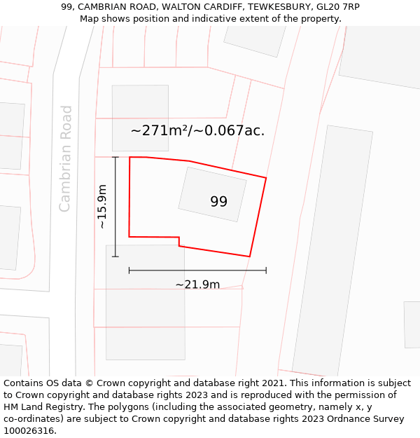 99, CAMBRIAN ROAD, WALTON CARDIFF, TEWKESBURY, GL20 7RP: Plot and title map