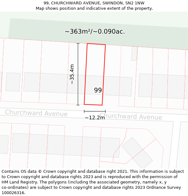 99, CHURCHWARD AVENUE, SWINDON, SN2 1NW: Plot and title map