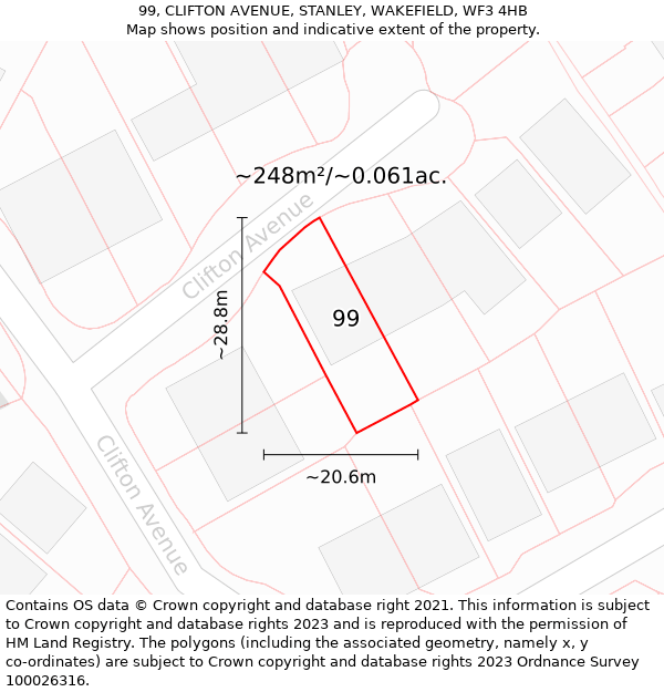 99, CLIFTON AVENUE, STANLEY, WAKEFIELD, WF3 4HB: Plot and title map