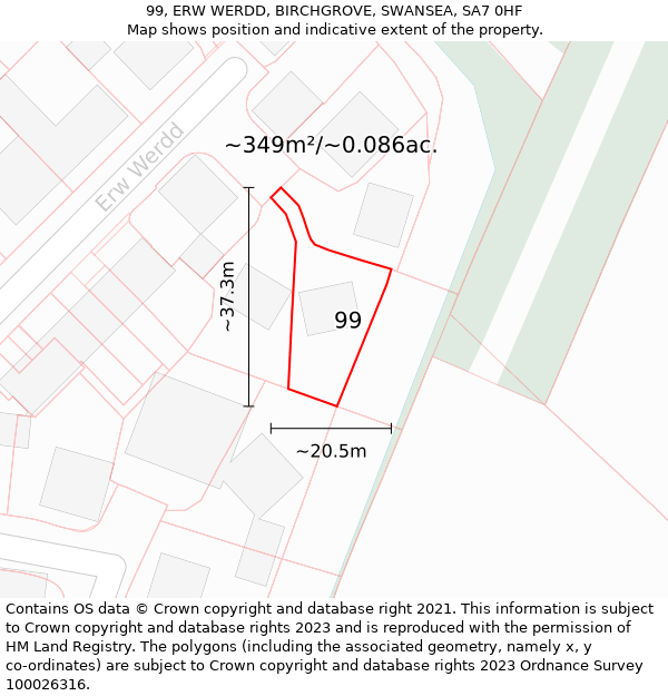 99, ERW WERDD, BIRCHGROVE, SWANSEA, SA7 0HF: Plot and title map