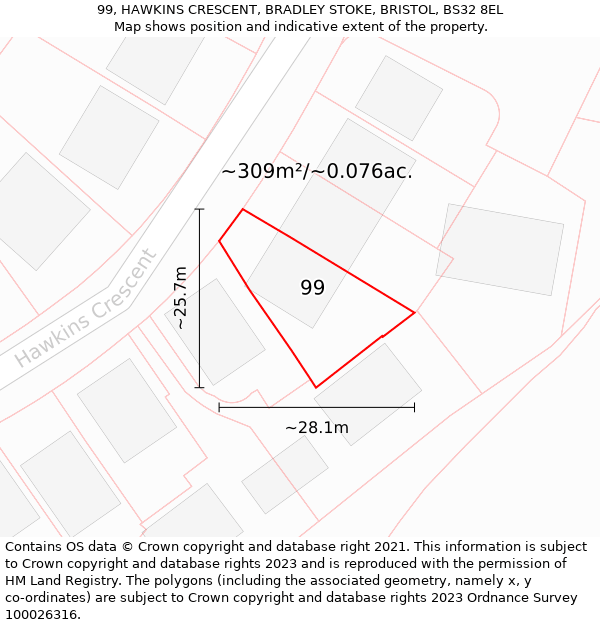 99, HAWKINS CRESCENT, BRADLEY STOKE, BRISTOL, BS32 8EL: Plot and title map