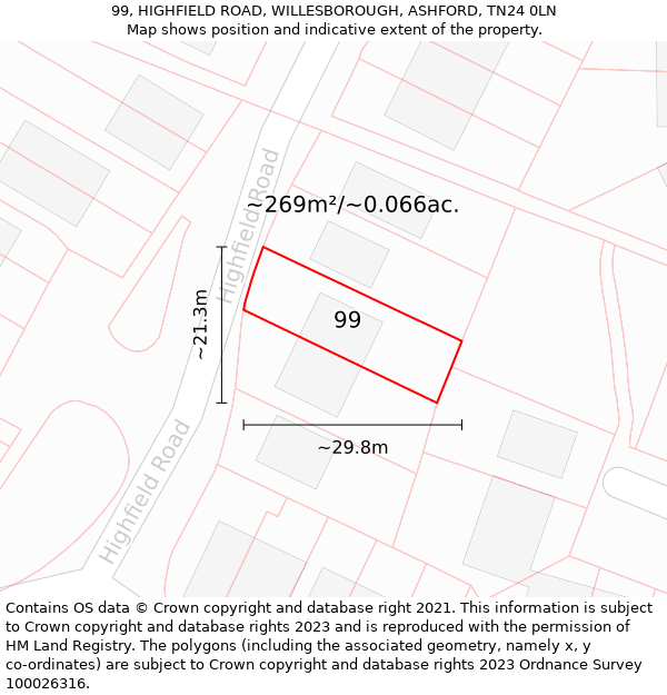 99, HIGHFIELD ROAD, WILLESBOROUGH, ASHFORD, TN24 0LN: Plot and title map