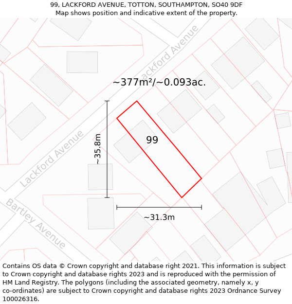 99, LACKFORD AVENUE, TOTTON, SOUTHAMPTON, SO40 9DF: Plot and title map