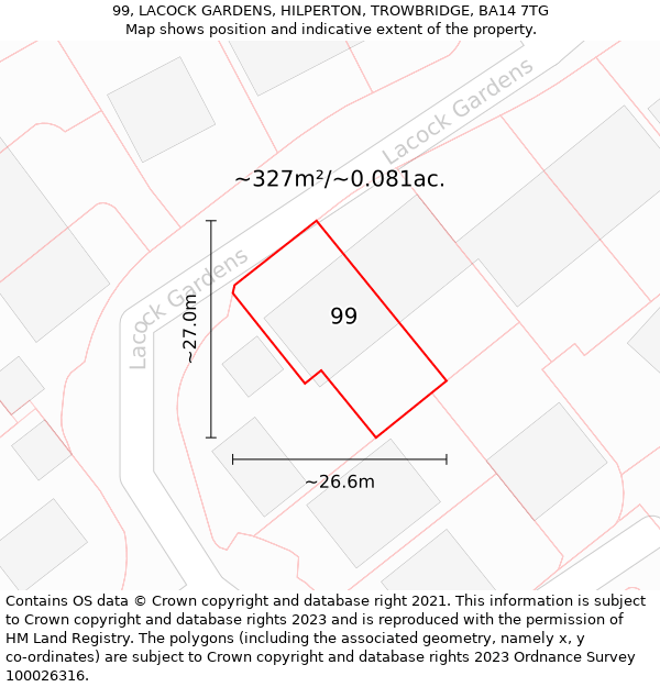 99, LACOCK GARDENS, HILPERTON, TROWBRIDGE, BA14 7TG: Plot and title map