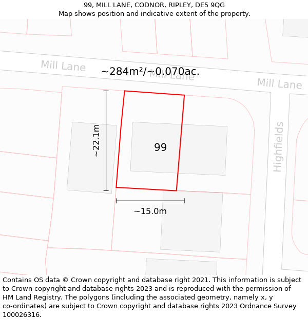 99, MILL LANE, CODNOR, RIPLEY, DE5 9QG: Plot and title map