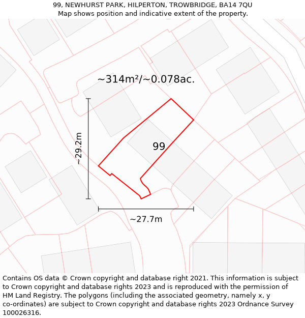 99, NEWHURST PARK, HILPERTON, TROWBRIDGE, BA14 7QU: Plot and title map