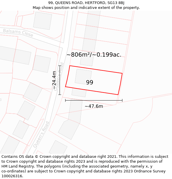 99, QUEENS ROAD, HERTFORD, SG13 8BJ: Plot and title map