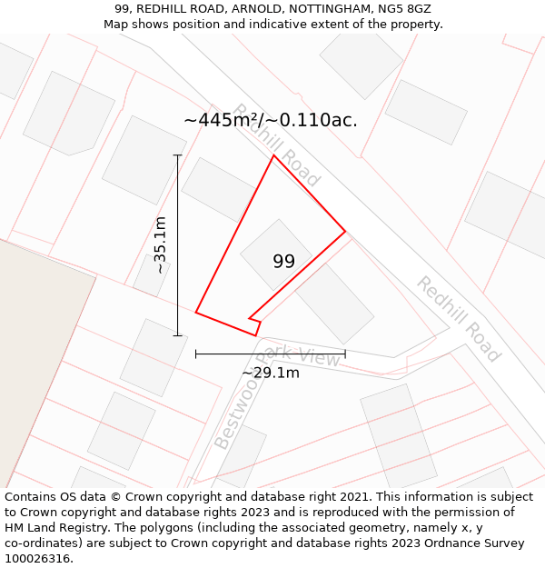 99, REDHILL ROAD, ARNOLD, NOTTINGHAM, NG5 8GZ: Plot and title map