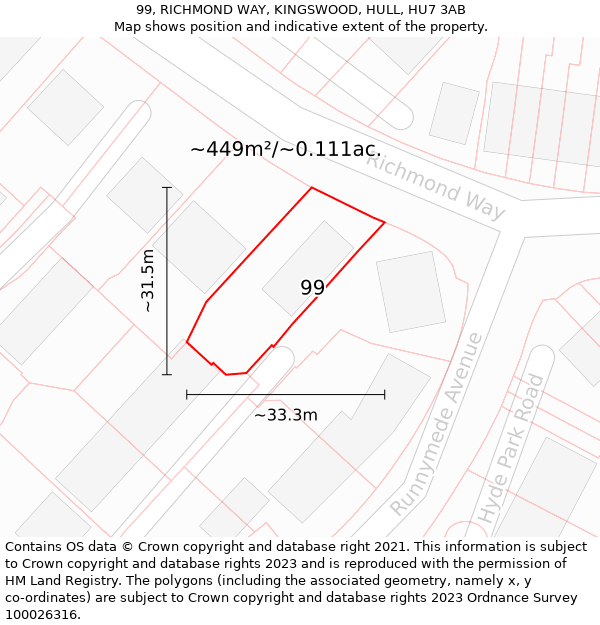 99, RICHMOND WAY, KINGSWOOD, HULL, HU7 3AB: Plot and title map