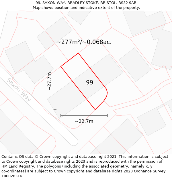 99, SAXON WAY, BRADLEY STOKE, BRISTOL, BS32 9AR: Plot and title map