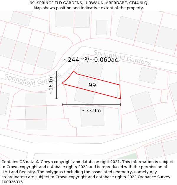 99, SPRINGFIELD GARDENS, HIRWAUN, ABERDARE, CF44 9LQ: Plot and title map