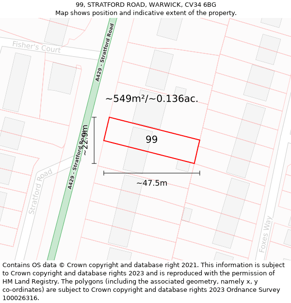 99, STRATFORD ROAD, WARWICK, CV34 6BG: Plot and title map