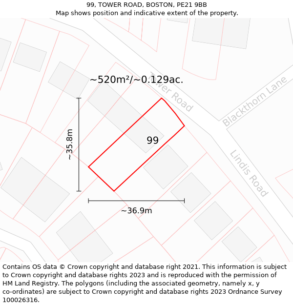 99, TOWER ROAD, BOSTON, PE21 9BB: Plot and title map