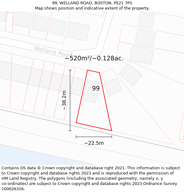 99, WELLAND ROAD, BOSTON, PE21 7PS: Plot and title map