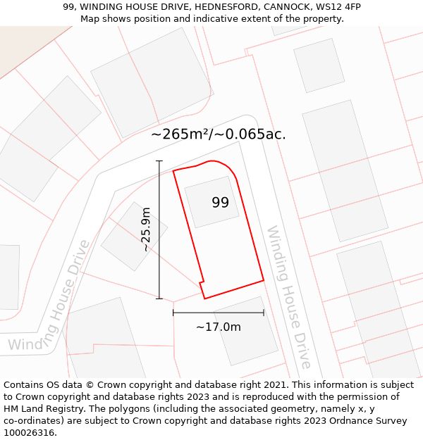 99, WINDING HOUSE DRIVE, HEDNESFORD, CANNOCK, WS12 4FP: Plot and title map