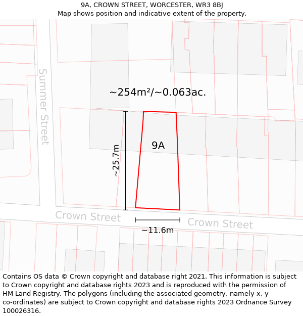 9A, CROWN STREET, WORCESTER, WR3 8BJ: Plot and title map
