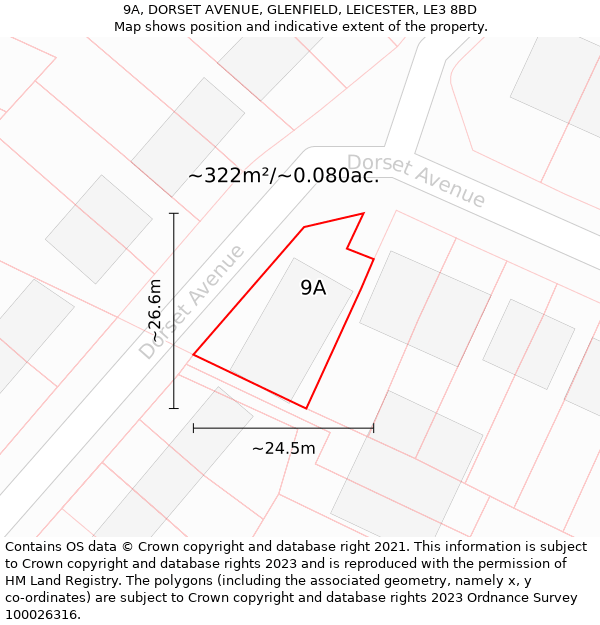 9A, DORSET AVENUE, GLENFIELD, LEICESTER, LE3 8BD: Plot and title map