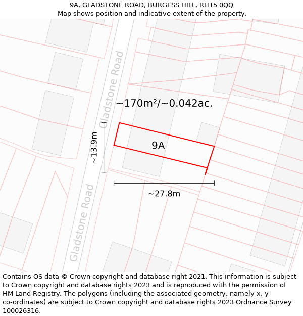 9A, GLADSTONE ROAD, BURGESS HILL, RH15 0QQ: Plot and title map