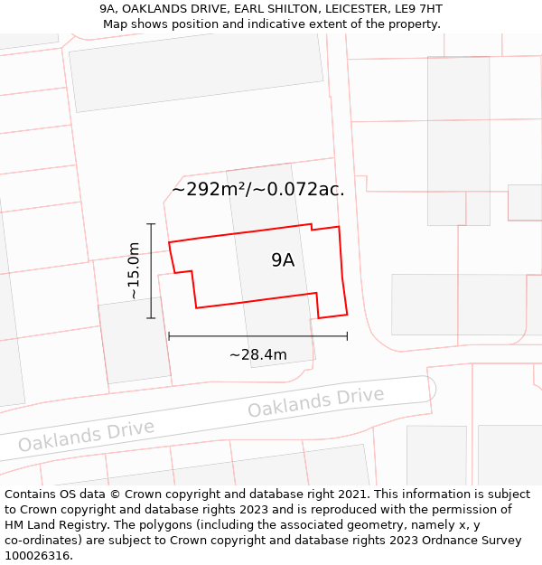 9A, OAKLANDS DRIVE, EARL SHILTON, LEICESTER, LE9 7HT: Plot and title map