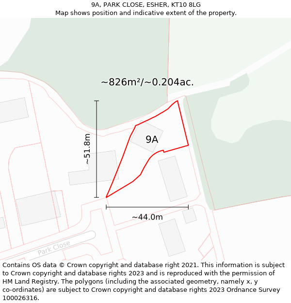 9A, PARK CLOSE, ESHER, KT10 8LG: Plot and title map