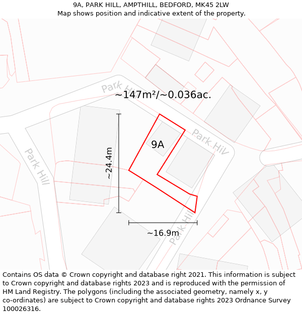 9A, PARK HILL, AMPTHILL, BEDFORD, MK45 2LW: Plot and title map