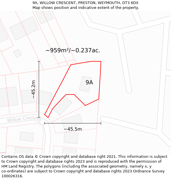 9A, WILLOW CRESCENT, PRESTON, WEYMOUTH, DT3 6DX: Plot and title map