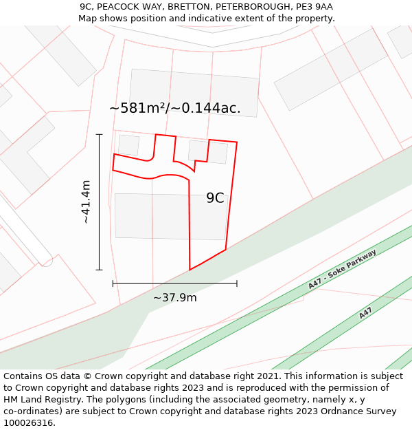 9C, PEACOCK WAY, BRETTON, PETERBOROUGH, PE3 9AA: Plot and title map