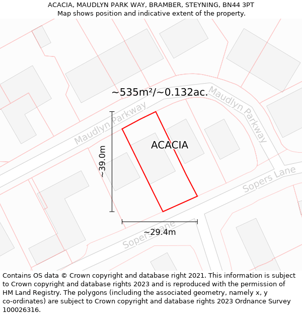 ACACIA, MAUDLYN PARK WAY, BRAMBER, STEYNING, BN44 3PT: Plot and title map