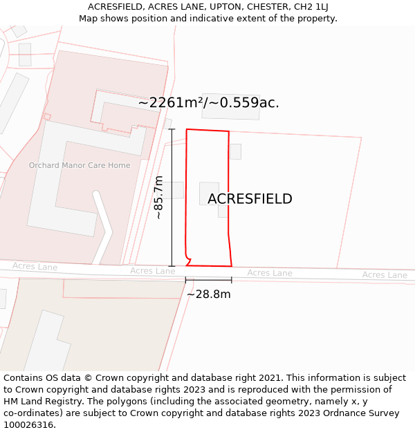 ACRESFIELD, ACRES LANE, UPTON, CHESTER, CH2 1LJ: Plot and title map