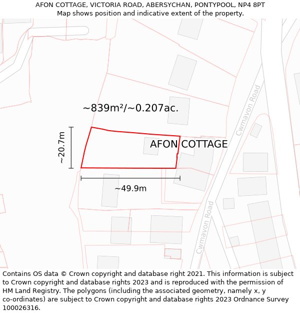 AFON COTTAGE, VICTORIA ROAD, ABERSYCHAN, PONTYPOOL, NP4 8PT: Plot and title map