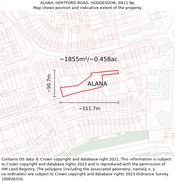 ALANA, HERTFORD ROAD, HODDESDON, EN11 9JL: Plot and title map