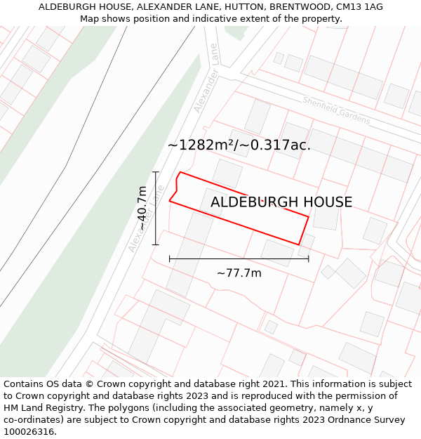 ALDEBURGH HOUSE, ALEXANDER LANE, HUTTON, BRENTWOOD, CM13 1AG: Plot and title map