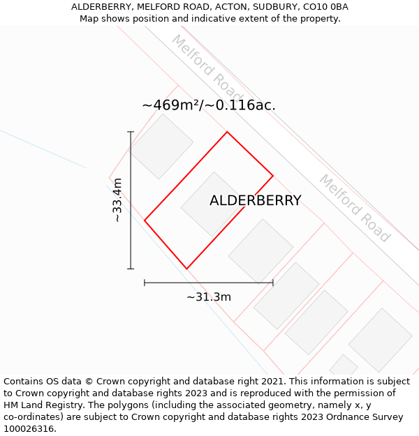 ALDERBERRY, MELFORD ROAD, ACTON, SUDBURY, CO10 0BA: Plot and title map