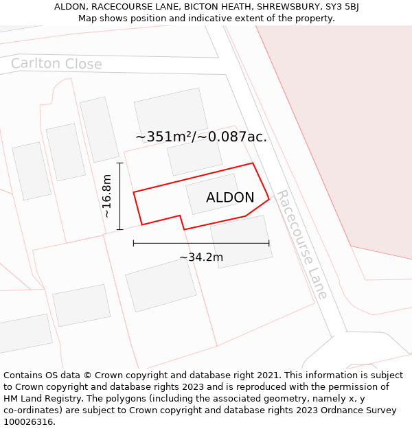 ALDON, RACECOURSE LANE, BICTON HEATH, SHREWSBURY, SY3 5BJ: Plot and title map